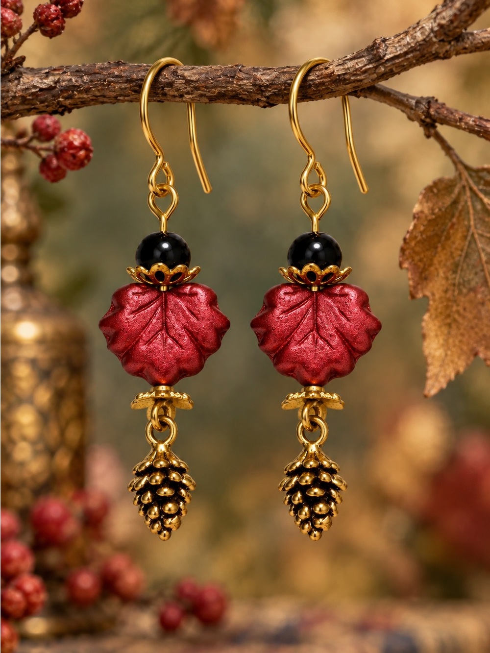 Red Czech Glass Leaf & Golden Pinecone Earrings, Fall Artisan Dangles